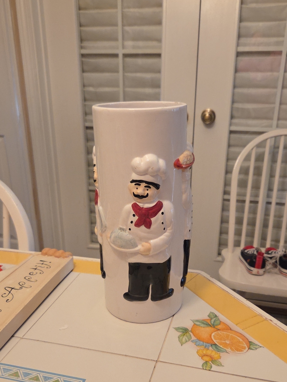 Chef Bistro Waiter Utensil Holder - White Ceramic with Red Scarf
